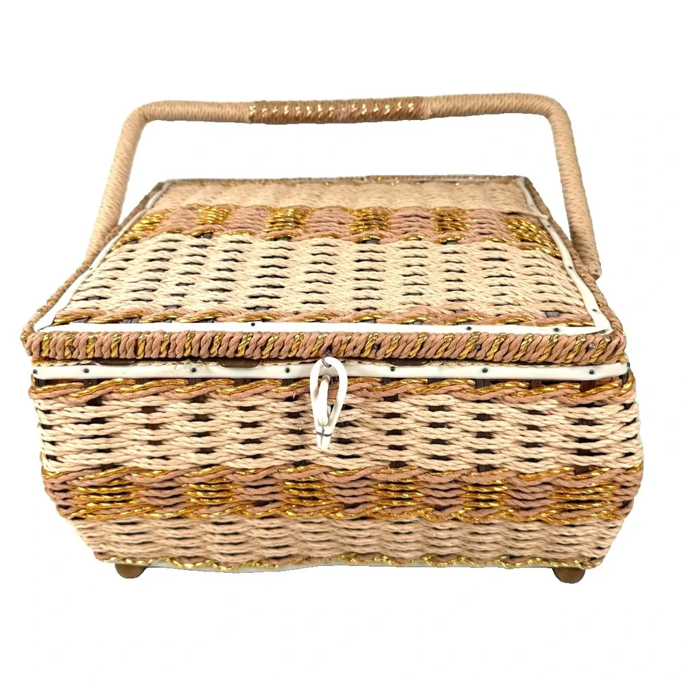 Vintage 1960's Woven Wicker Sewing Basket USB Japan 11.5
